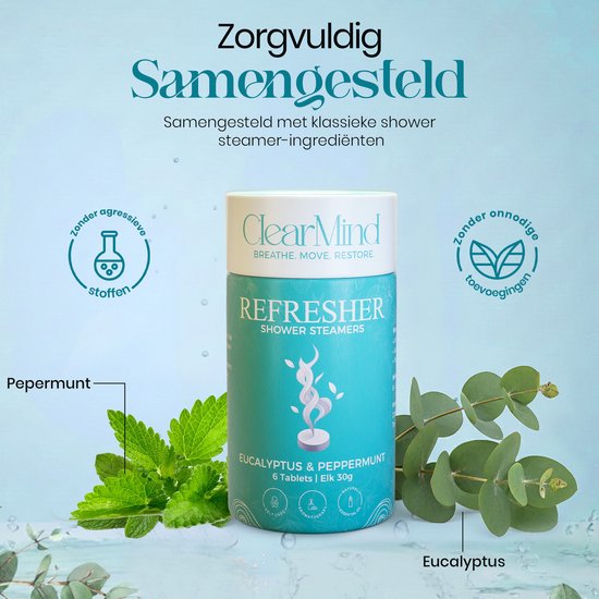 Douche steamer koker met teksten: 'Zorgvuldig samengesteld', 'Pepermunt', 'Eucalyptus' en zonder agressieve stoffen.