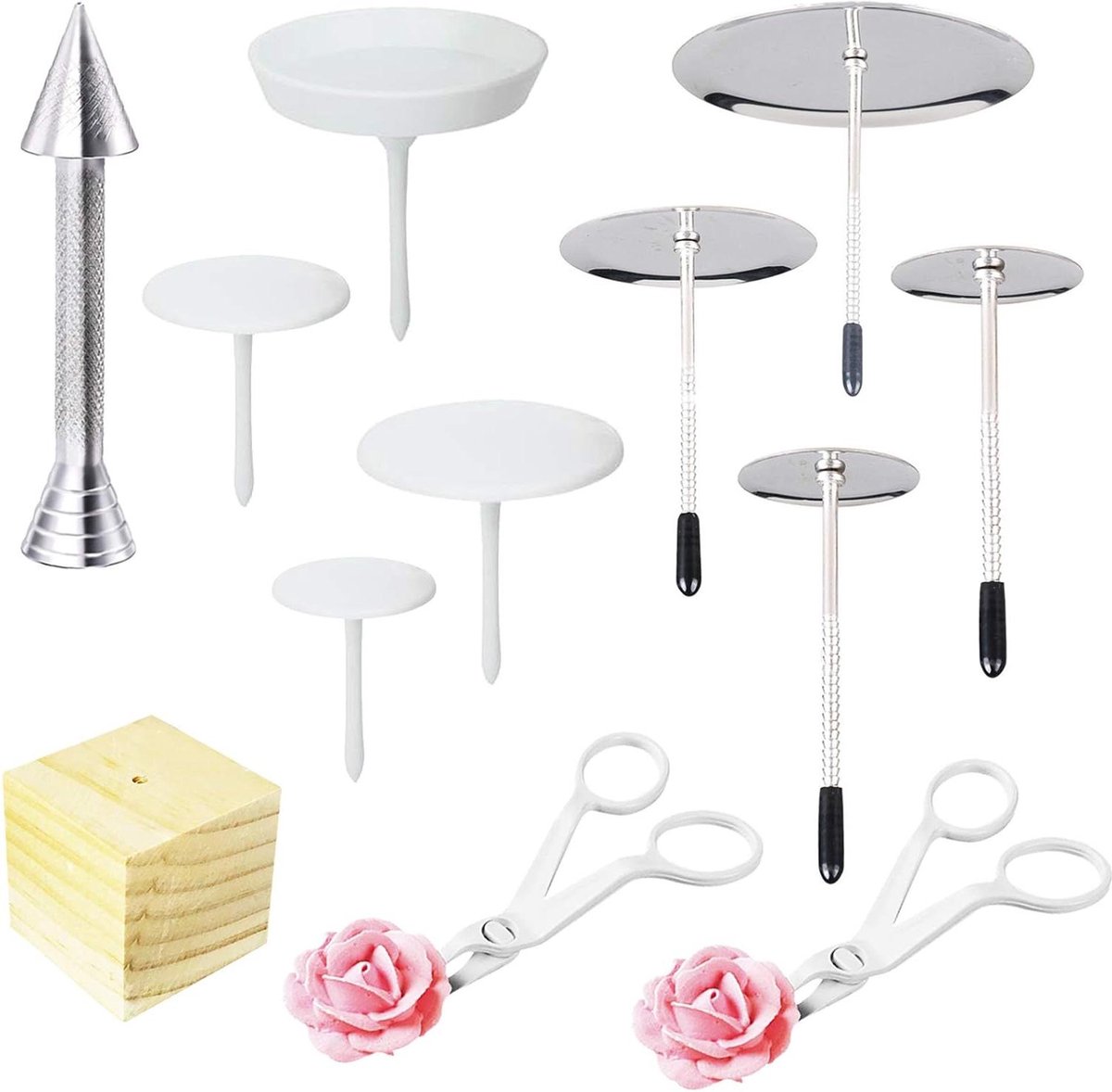 Allecta - Taartdecoratie set met 12 stuks bloemennaalden en 2 scharen - Cake decoratie met houten houder - Geschikt voor cupcakes en ijsdispensers