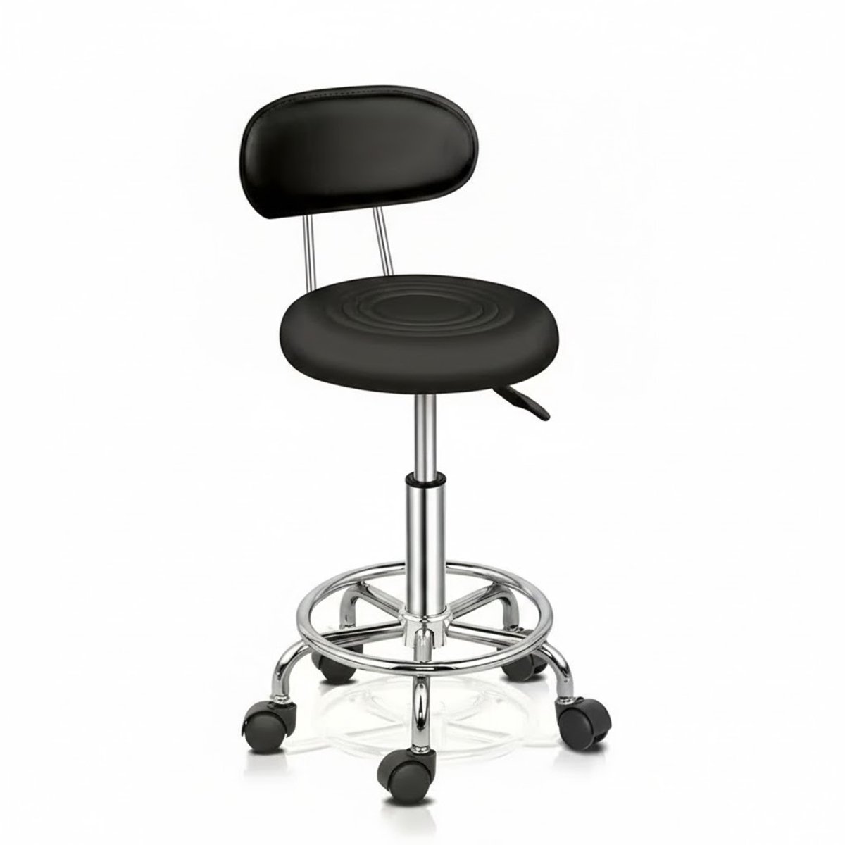 Professionele Salon Kruk Zwart met Rugleuning – In Hoogte Verstelbare Werkkruk (48–58 cm) – 360° Draaibaar – PU Zitvlak met Wielen – Voor Beauty, Massage & Nagelstudio