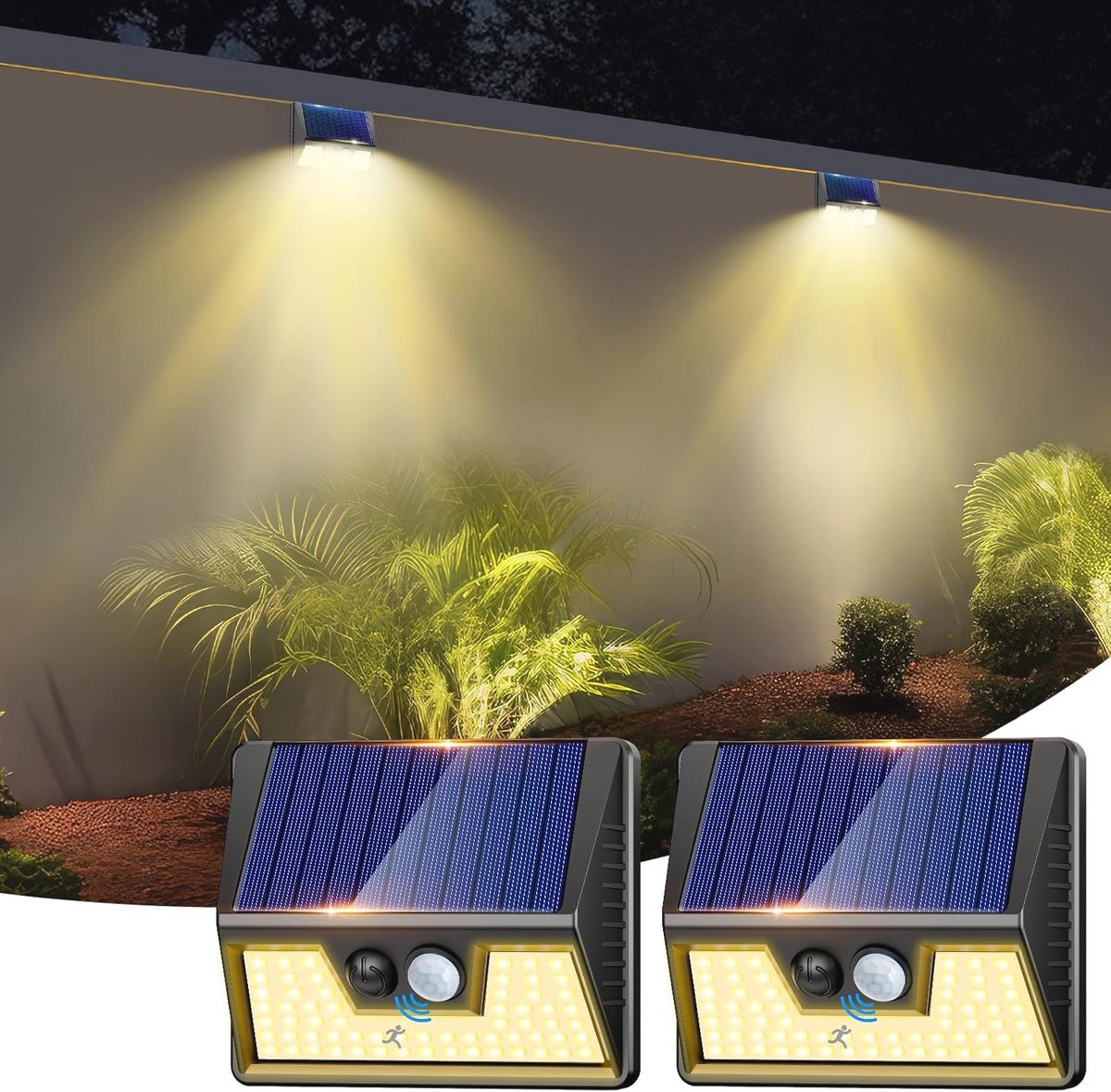 Led-solarlampen voor buiten met bewegingsmelder – 2 stuks – verlichting voor tuin, binnenplaats, garage en muur (warmwit)