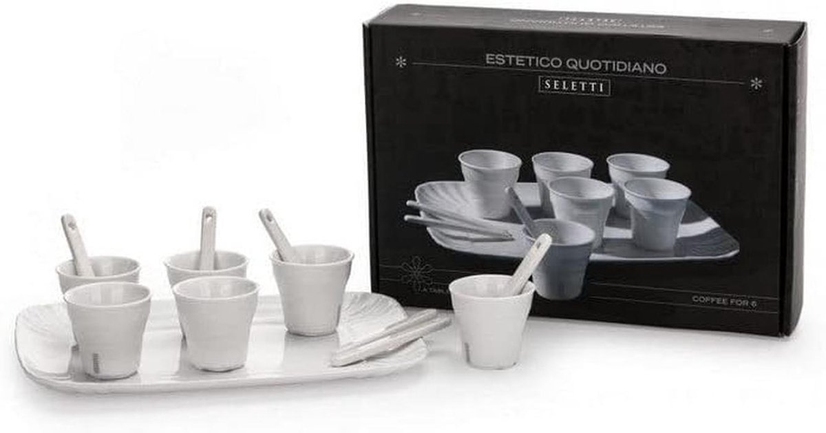 Set met 6 kleine koffiekopjes, lepels en dienblad van porselein