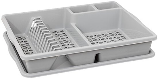Egouttoir gris avec compartiments pour assiettes et couverts, avec bac de récupération.
