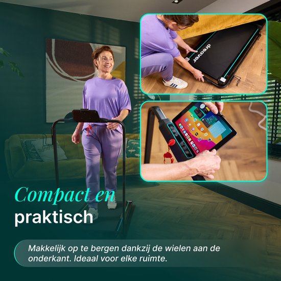 Vrouw in paars loopt op de loopband. Inzet: loopband wordt ingeklapt en tablet op de houder.