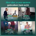 Collage met vier klantrecensies van de loopband, inclusief foto's van gebruikers.