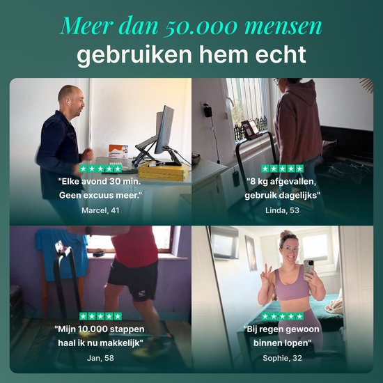 Collage met vier klantrecensies van de loopband, inclusief foto's van gebruikers.