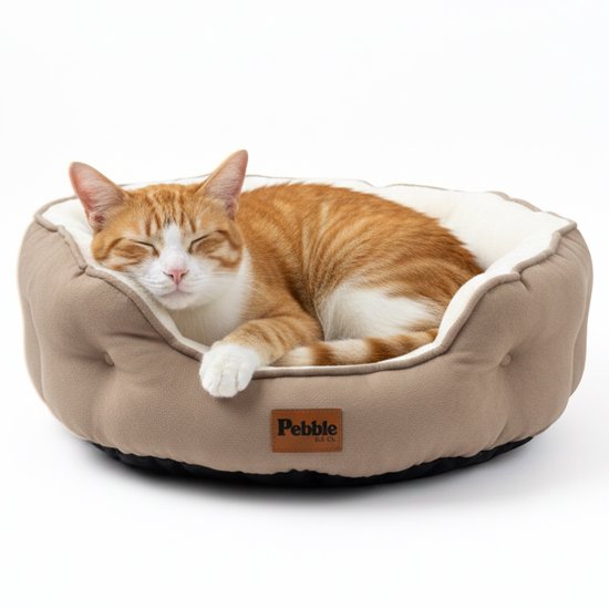 Chat rayé orange dormant dans un coussin pour chien beige et blanc.