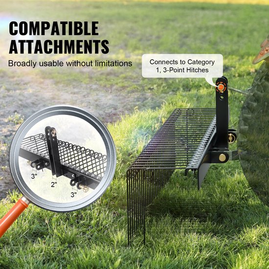 72" aanhangwagenhark, 32 stalen tanden, gazonverticuteermachine voor tractor, categorie 1, 3-puntsophanging, gazononderhoud voor bladeren, stro, gras van Merkloos	 — afbeelding 4