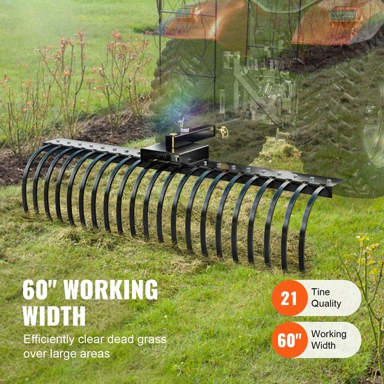 60“ landschapsrechen om achteraan te trekken, 21 stalen spiraaltanden, verzamelt bladeren, dennennaalden en gras, compatibel met 48” of 60" gereedschapsbalken van Merkloos	 — afbeelding 5