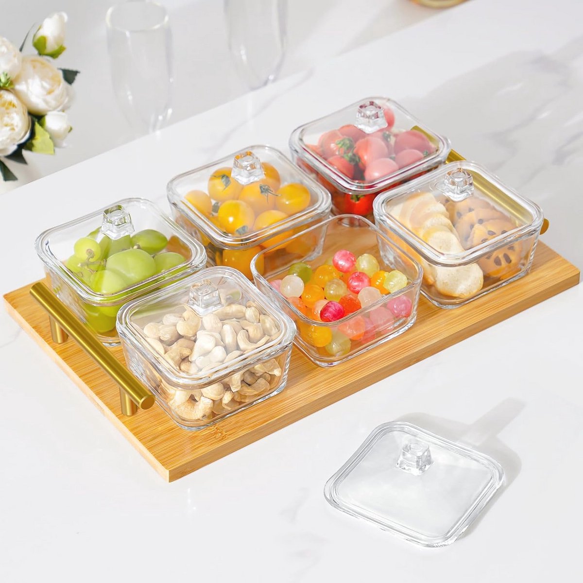Glazen Serveerplaten met Bamboe Dienblad Set