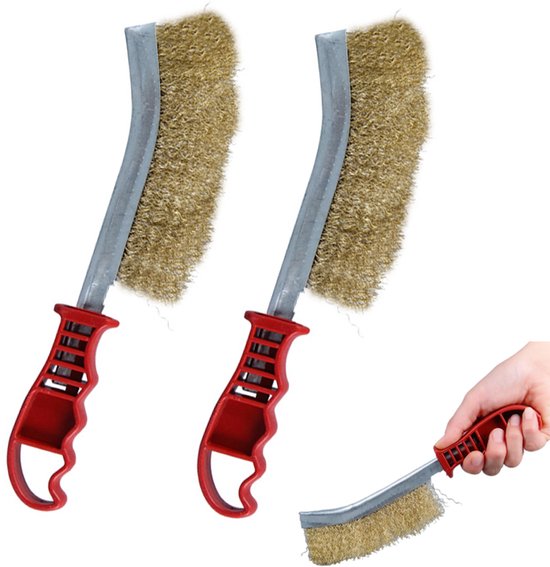 2-stuks draadborstel - Messing draadborstel - BBQ-borstel - Fornuisborstel - Reinigingsborstel - Draagbare BBQ-borstel - Met handvat - Geschikt voor buitenbarbecues, pizzaovens, kookplaten en barbecues - Rood