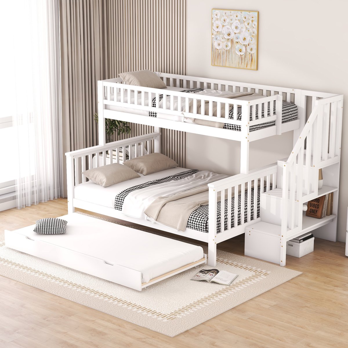 MODFU Ledikant – Stapelbed 90x200 + 140x200 cm – Met uitschuifbed en opbergtrap – Massief grenen – Wit