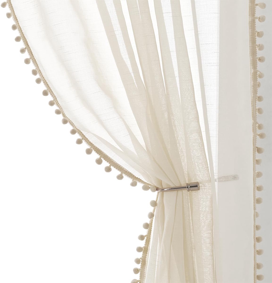 Unyqoos Transparante gordijnen met pompons voor een luchtige en stijlvolle uitstraling 140 x 225 cm beige