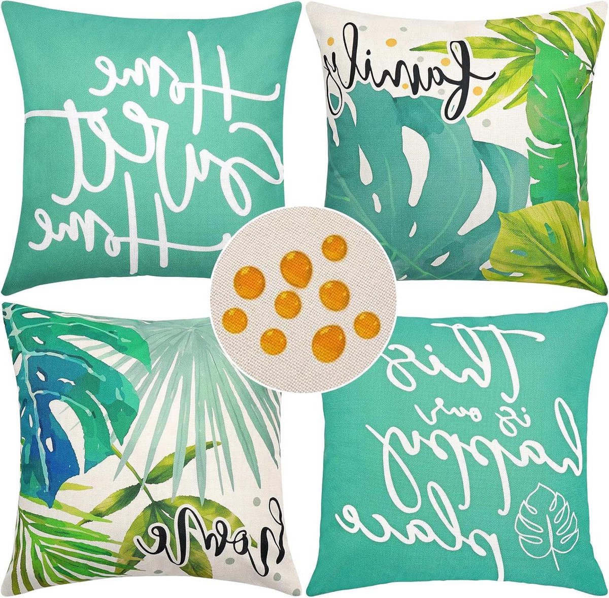 Allecta - Set van 4 waterdichte kussenslopen 45 x 45 cm met tropische planten en letters -