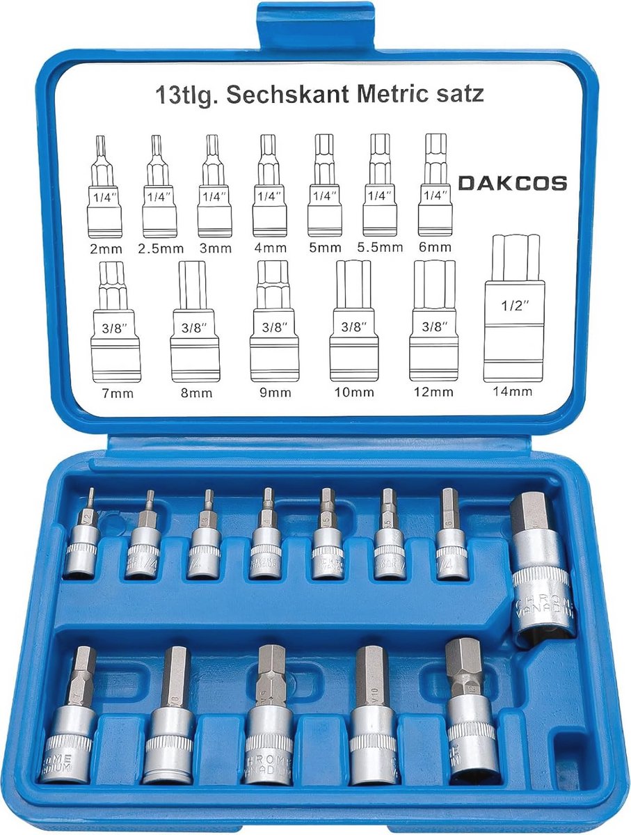 Hex bit socket set 13-delig - metrische maten 2-14mm voor 1/4", 3/8", 1/2"