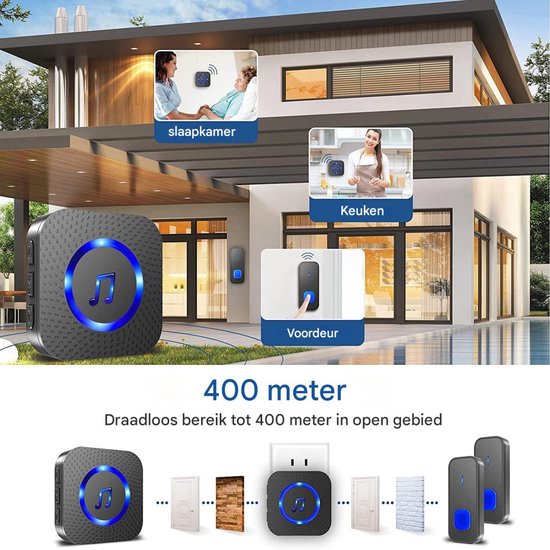 GELLDG Draadloze deurbel - Waterdicht - Effectief bereik van 400 meter - Draadloze buitendeurbel - Wordt geleverd met 2 stekkerontvangers en 1 zender - Volumeregeling - Knipperende LED-deurbel - Zwart — afbeelding 3