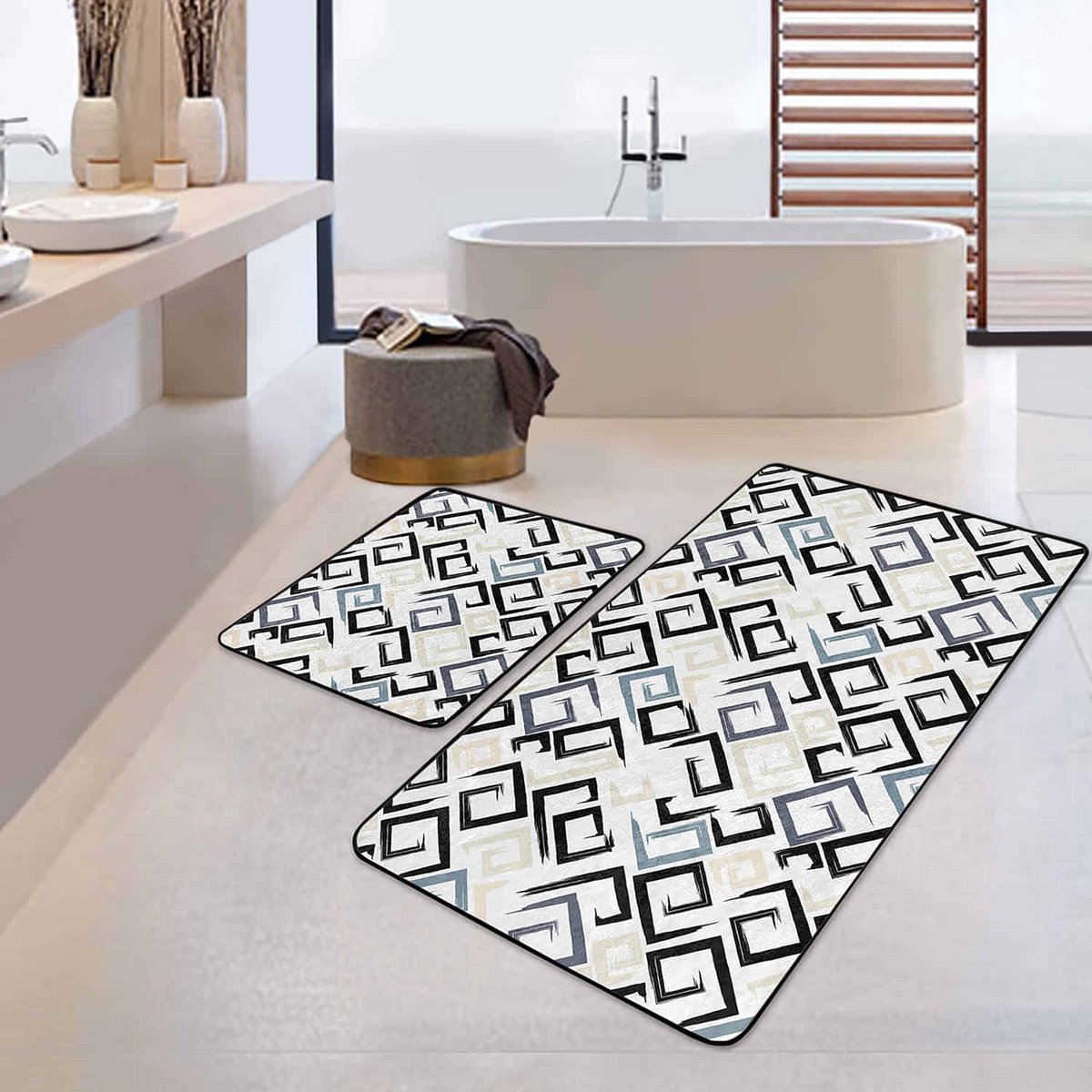 Boraboi® Badmat antislip 2 stuk set- Badmatten 60x100cm en 50x60cm,(Zwart,blauw,crème kleur)