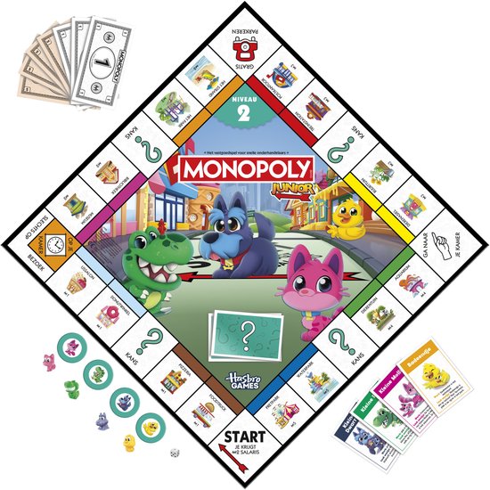 Monopoly Junior speelbord niveau 2 met kat, pinguïn, hond, dinosaurus, geld en kaarten.
