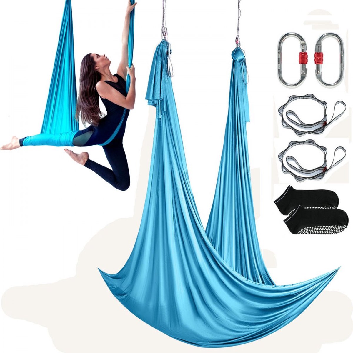 Lucht yoga hangmat set - Yoga schommel / Anti-zwaartekracht hangmat - 5 x 2,8 m - Draagvermogen 1000 kg - Inclusief stalen karabijnhaak - Blauw
