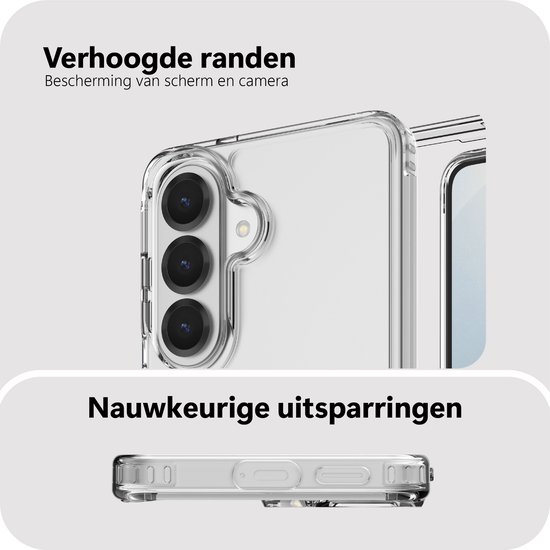 Transparant hoesje met verhoogde randen ter bescherming van scherm en camera, en nauwkeurige uitsparingen.