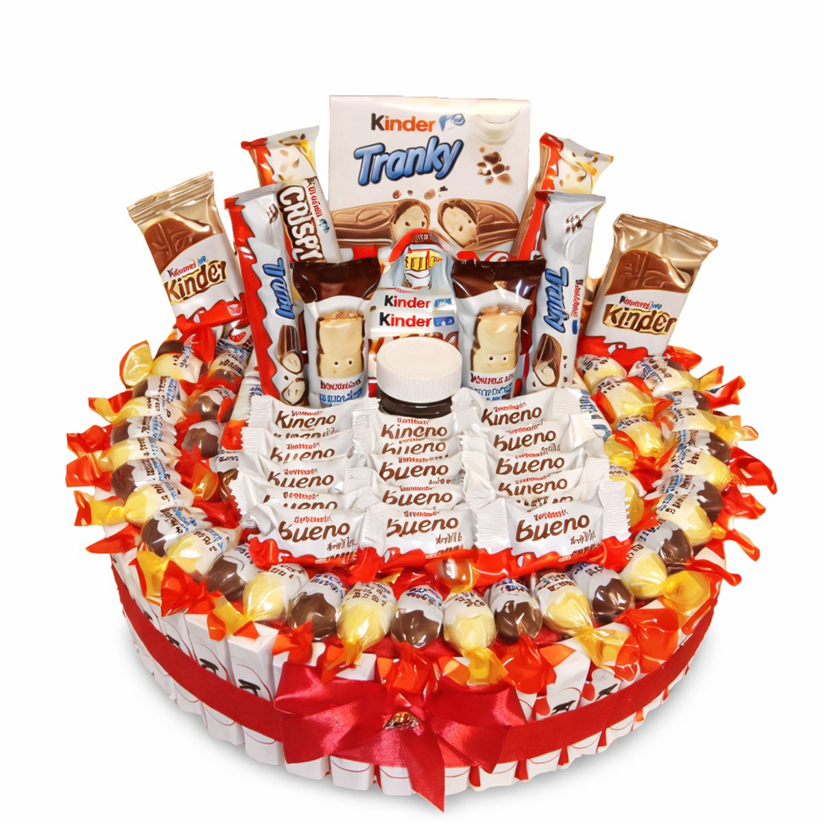 Ronde luxe snoeptaart Kinder verpakt in cadeaufolie en linten