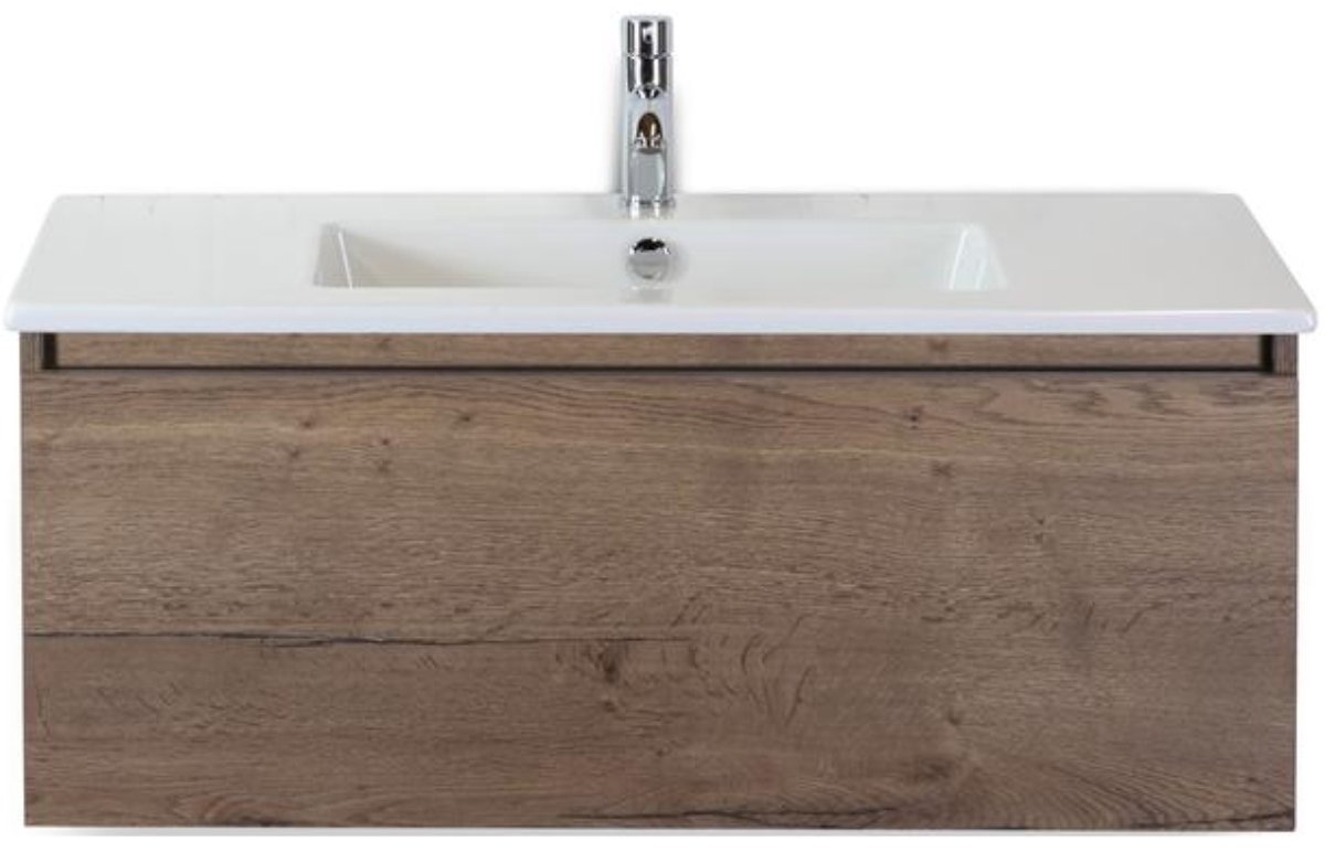 Frozen Badmeubelset 100 cm - Greeplijst in Kleur - Tabacco - Keramische Wastafel Wit 1 Kraangat