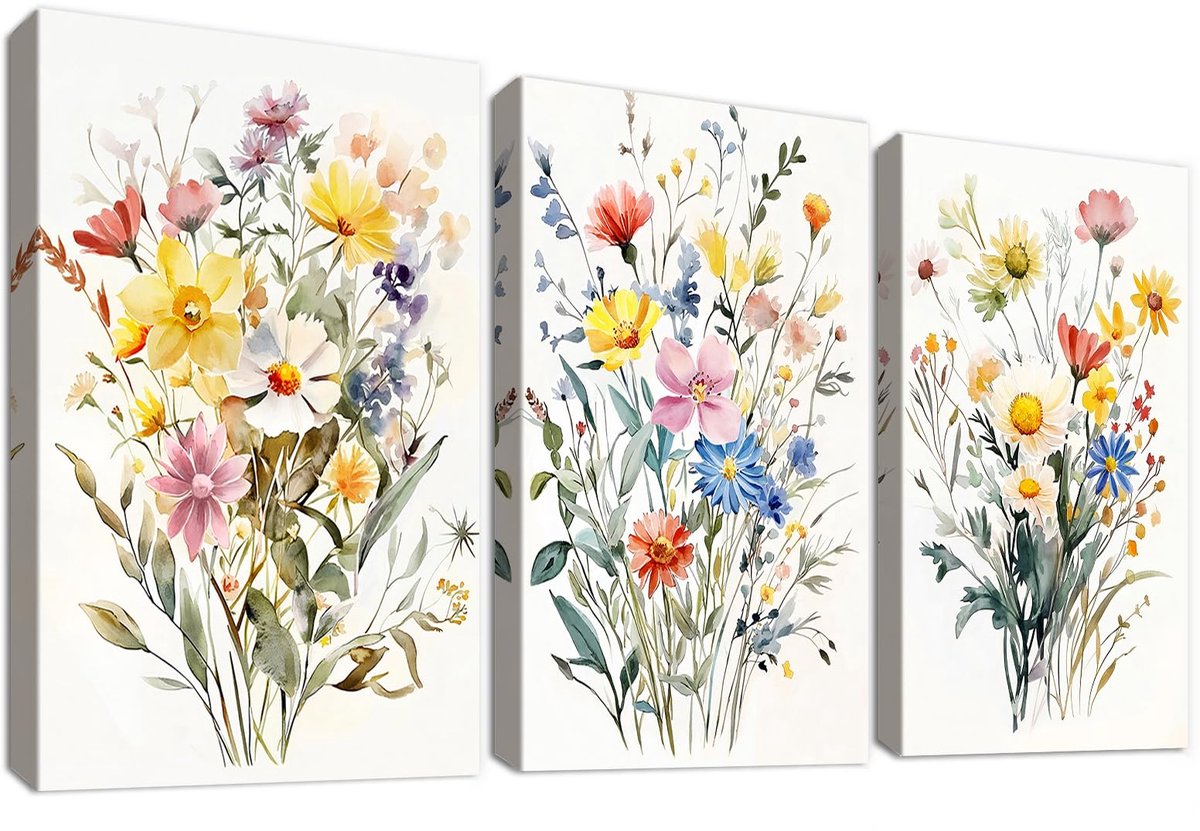 Unyqoos Set van 3 canvas schilderijen met wilde bloemen voor stijlvolle wanddecoratie Kleurrijke