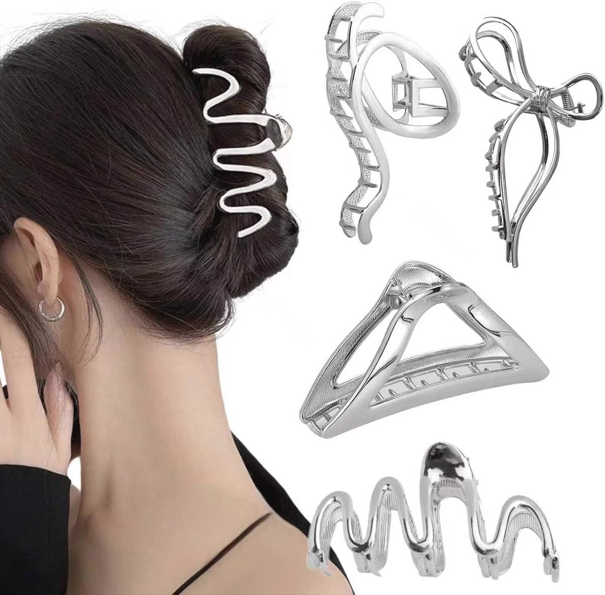 Grote zilveren haarklemmen voor dik haar - 4 stuks haaraccessoires voor dames en meisjes
