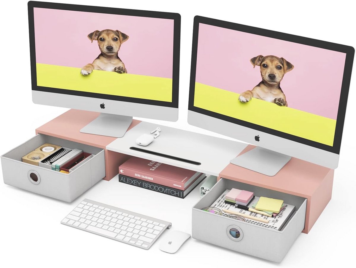 Dubbele Monitor Stand met Lades - Extra Grote Monitor Stand voor 2 Monitoren en Desktop Organizer