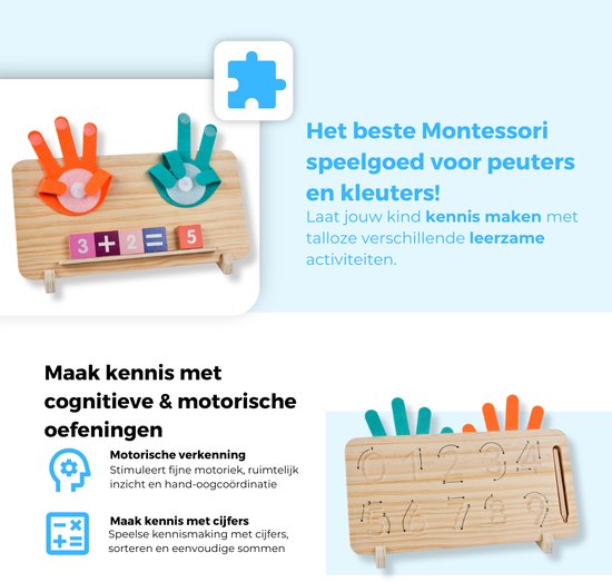 Houten telraam met oranje en turquoise vilt handjes, met cijfers 0-9 ingegraveerd op een bord.