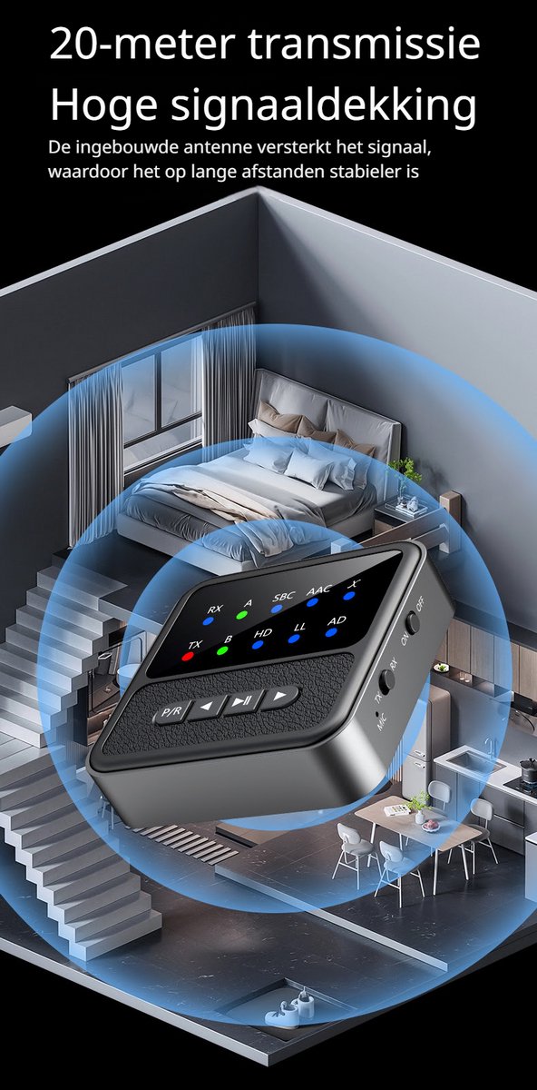 DrPhone PulseLink Bluetooth 5.4 Transmitter & Receiver – aptX Adaptive/HD/LL – Dual Connect – 24bit HiFi – 50u batterij – AUX & RCA - Zwart — afbeelding 4