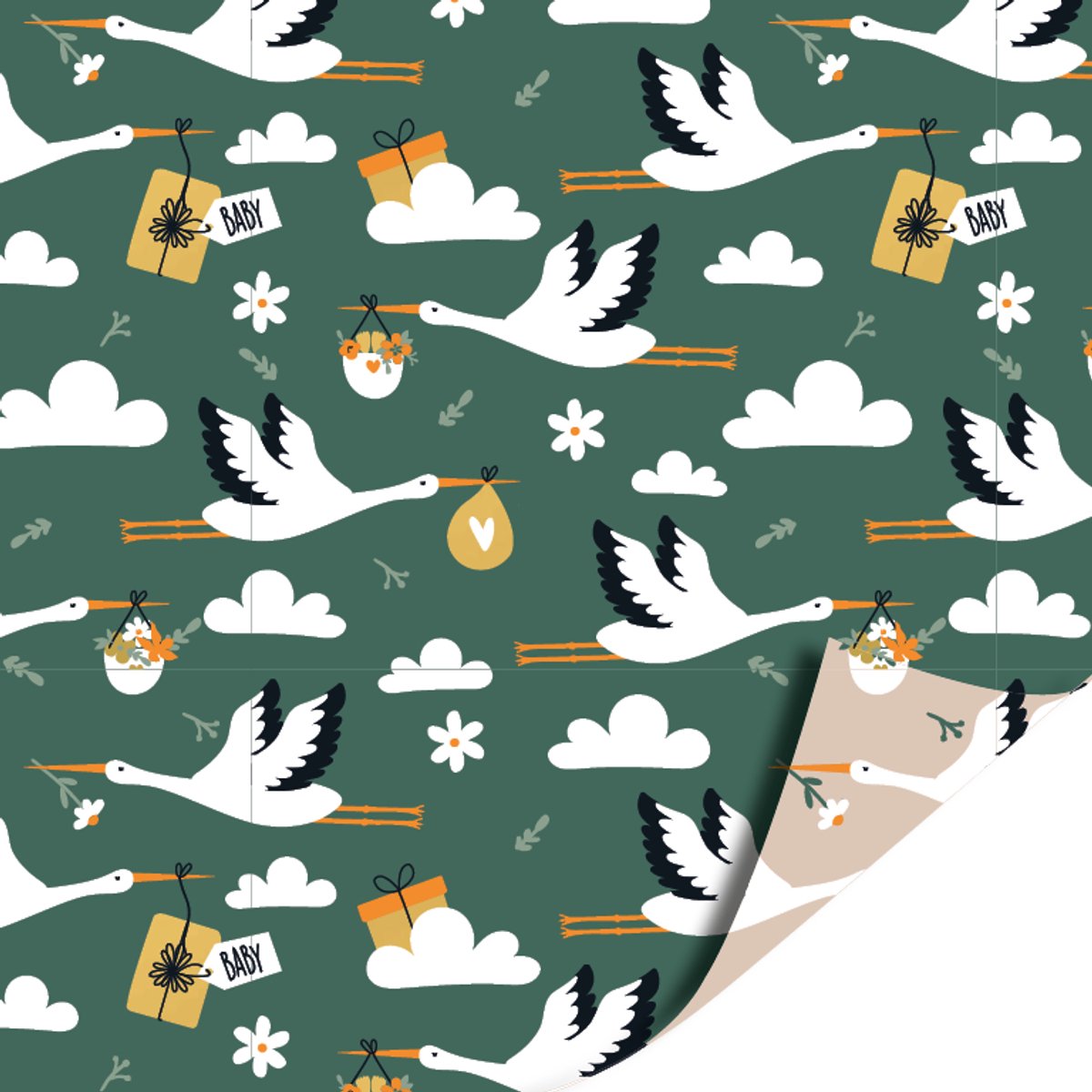 Het Inpakhuis - Cadeaupapier - Inpakpapier - Kadopapier - Ooievaar - Baby - Geboorte - Kraamcadeau - Babyshower - Stork - Groen - Beige - 50cm x 3mtr – foto 2