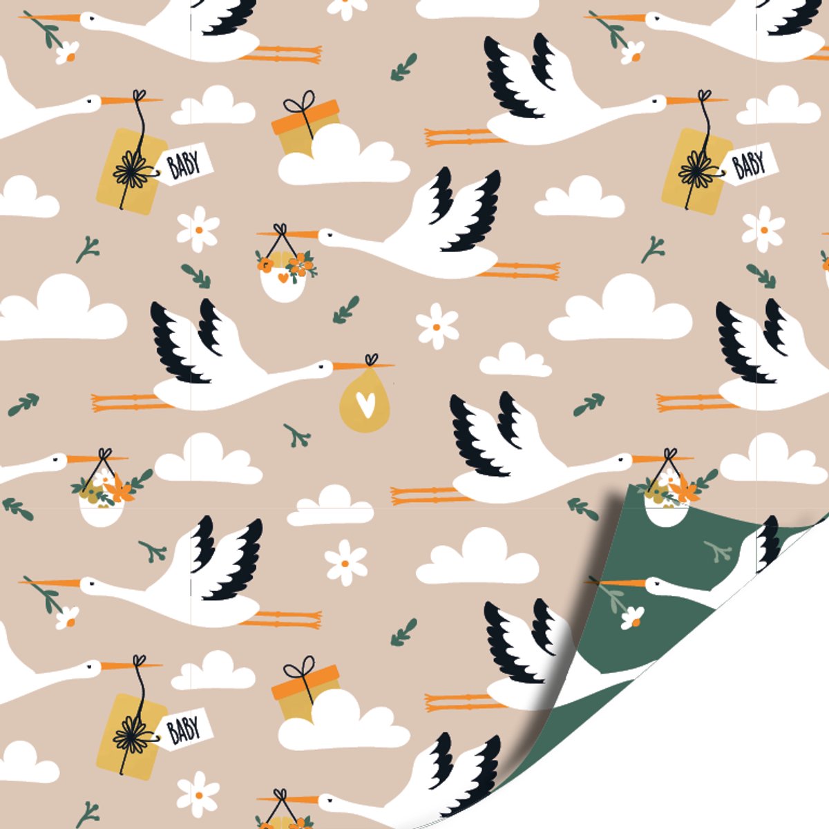 Het Inpakhuis - Cadeaupapier - Inpakpapier - Kadopapier - Ooievaar - Baby - Geboorte - Kraamcadeau - Babyshower - Stork - Groen - Beige - 50cm x 3mtr