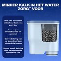 Wit Acytec waterfilter met blauwe rand, open bovenzijde toont zwarte en witte filterkorrels. Minder kalk in water zorgt voor langere levensduur apparaat en betere smaak.
