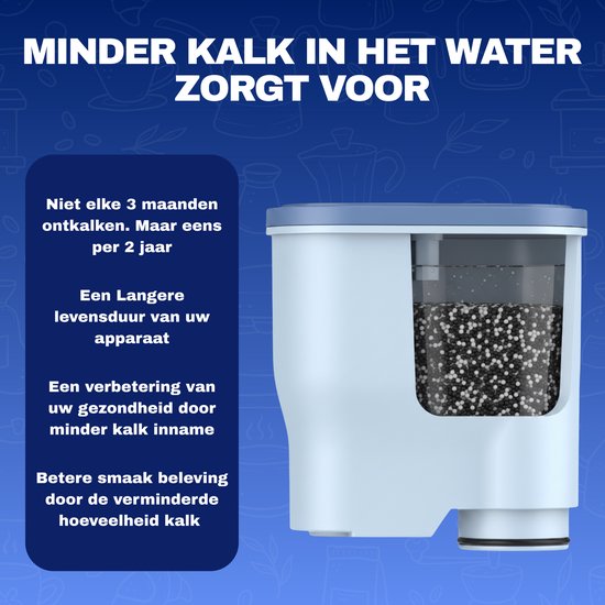 Wit Acytec waterfilter met blauwe rand, open bovenzijde toont zwarte en witte filterkorrels. Minder kalk in water zorgt voor langere levensduur apparaat en betere smaak.