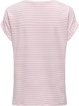 Roze en witte gestreepte t-shirt met omgerolde mouwen.