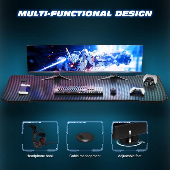 Ergonomische Gaming Desk 80x52CM met Carbon Fiber Oppervlak en Hoofdtelefoon Haak — afbeelding 3