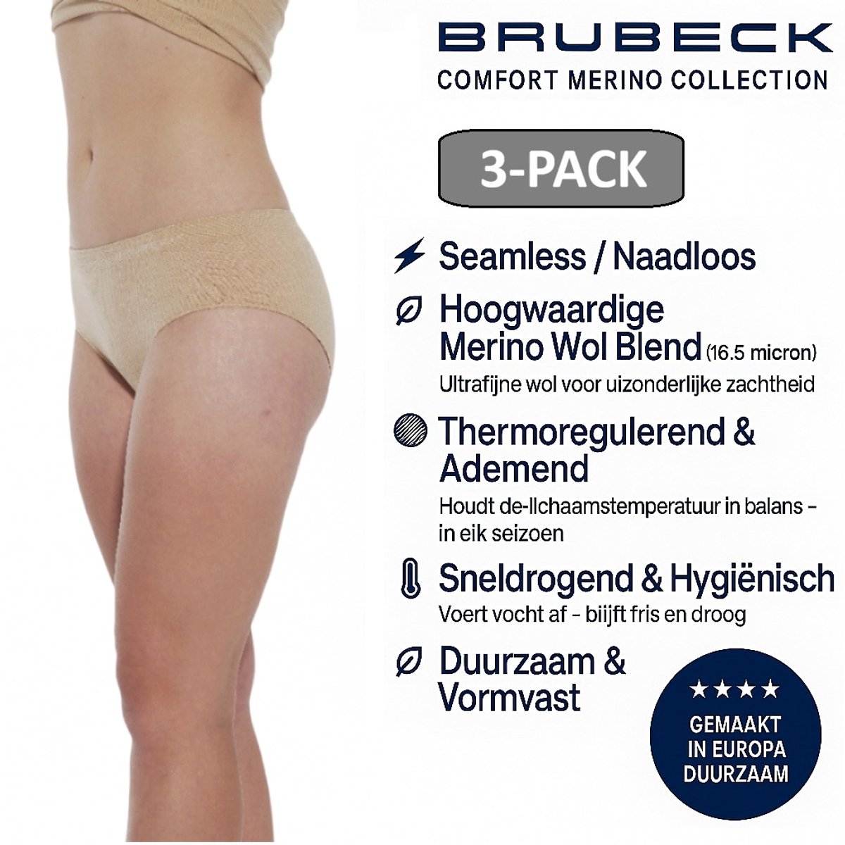 Brubeck Dames Slip Klassiek – Merino Wol Blend Naadloos Ondergoed – 3 PACK - Beige – Maat XL