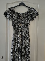 Lange dames jurk Claudine-gebloemd motief-zwart wit-Maat L-strandjurk-zomerjurk