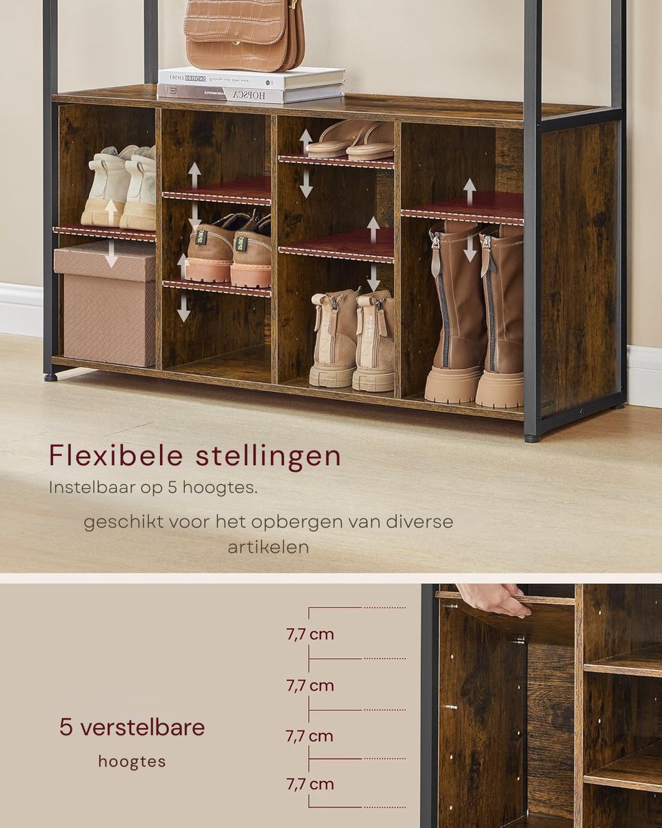 Kapstok - Kapstok Groot - Kledingrek - Garderobekast - Schoenenkast - Schoenenrek - Zitbank - Hout/Metaal - Gang - Hal - 32x100x180CM - Verstelbare planken – foto 5