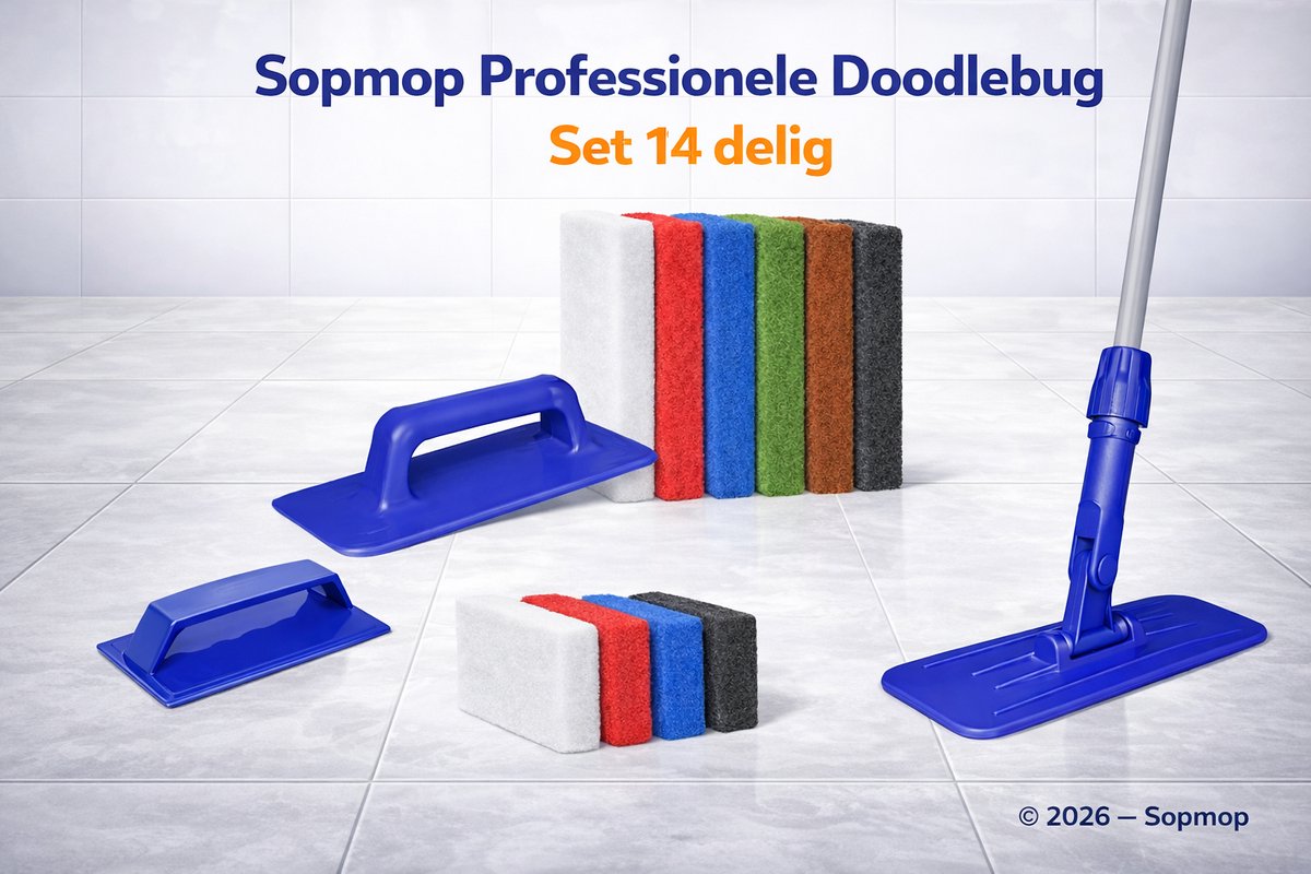 Sopmop Professionele Doodlebug Set Compleet Blauw, 1x Jumbo Hand Padhouder & 6 Kleuren Pads, 1x Mini Hand Padhouder & 4 Kleuren Pads, 1x Vloer Padhouder & Telescoopsteel