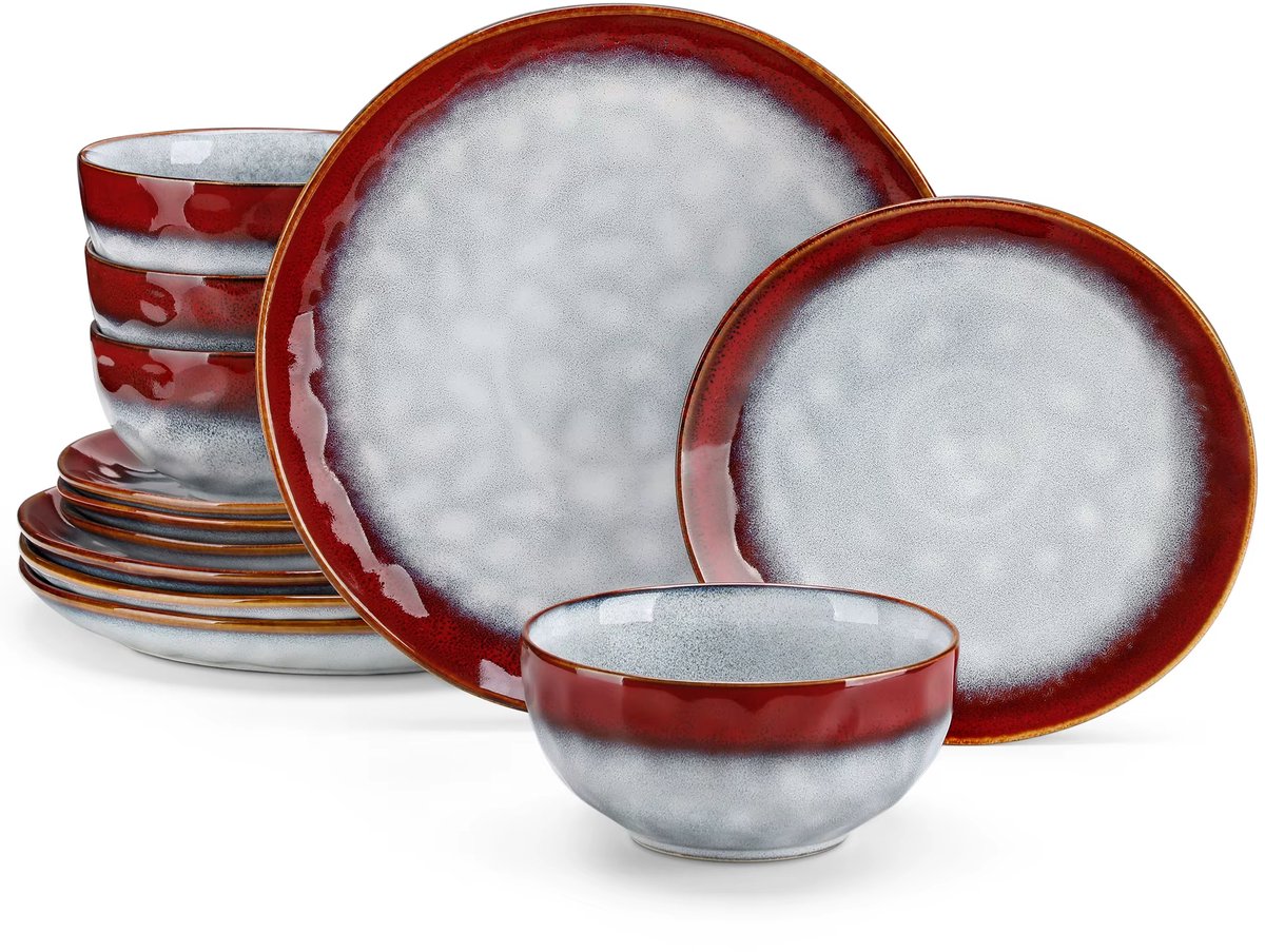 Luxe Serviesset – 12 delig – 4 persoons – Keramische - Bordenset – Dinner platen – Dessertborden - Kommen - Wit + Rood