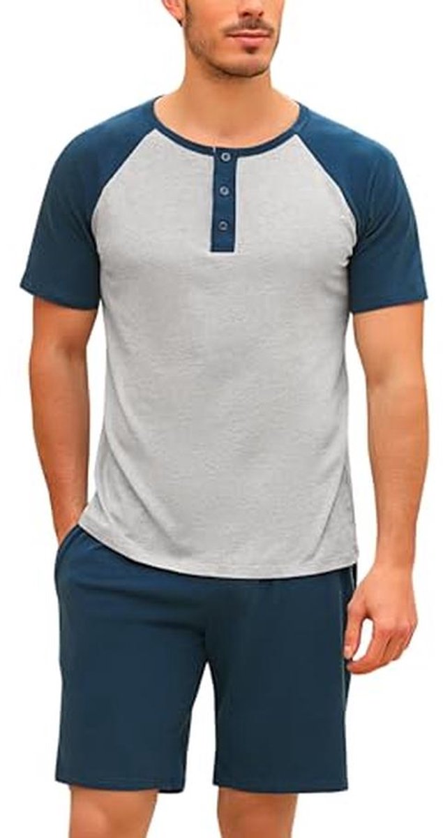 Korte herenpyjama set van katoen met T-shirt en broek met zakken - loungewear voor mannen
