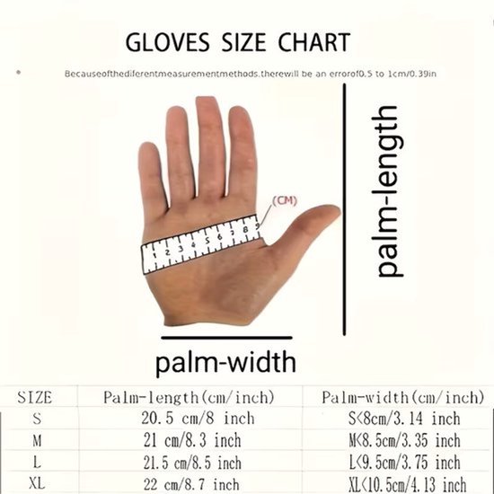 Maattabel voor handschoenen met een afbeelding van een hand die wordt gemeten.