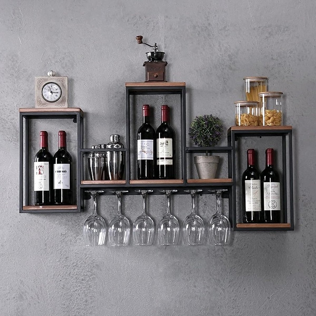 Metalen en houten wijnrek voor eetkamer, restaurant of bar - vintage design 106 x 20 x 55 cm