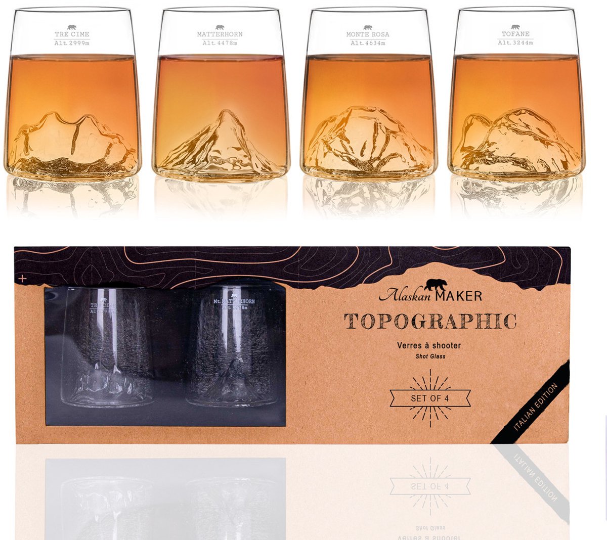Alaskan Maker - Set van 4 Shotglazen - Tre Cime - Monte Rosa - Cervino - Tofana