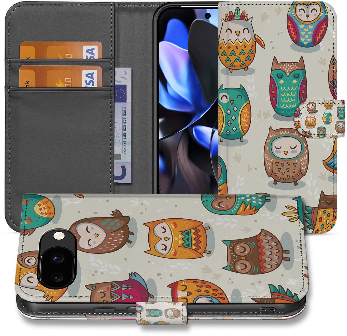Book Case Google Pixel 9a Pasjeshoesje Met Vrolijke Uilen Ontwerp