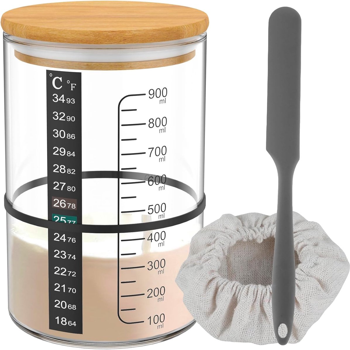 Famanu – Zuurdesem starter kit - glazen jar met houten deksel en doekdop - 900 ml - duurzaam materiaal - ideaal voor het starten van zuurdesem en broodbereiding