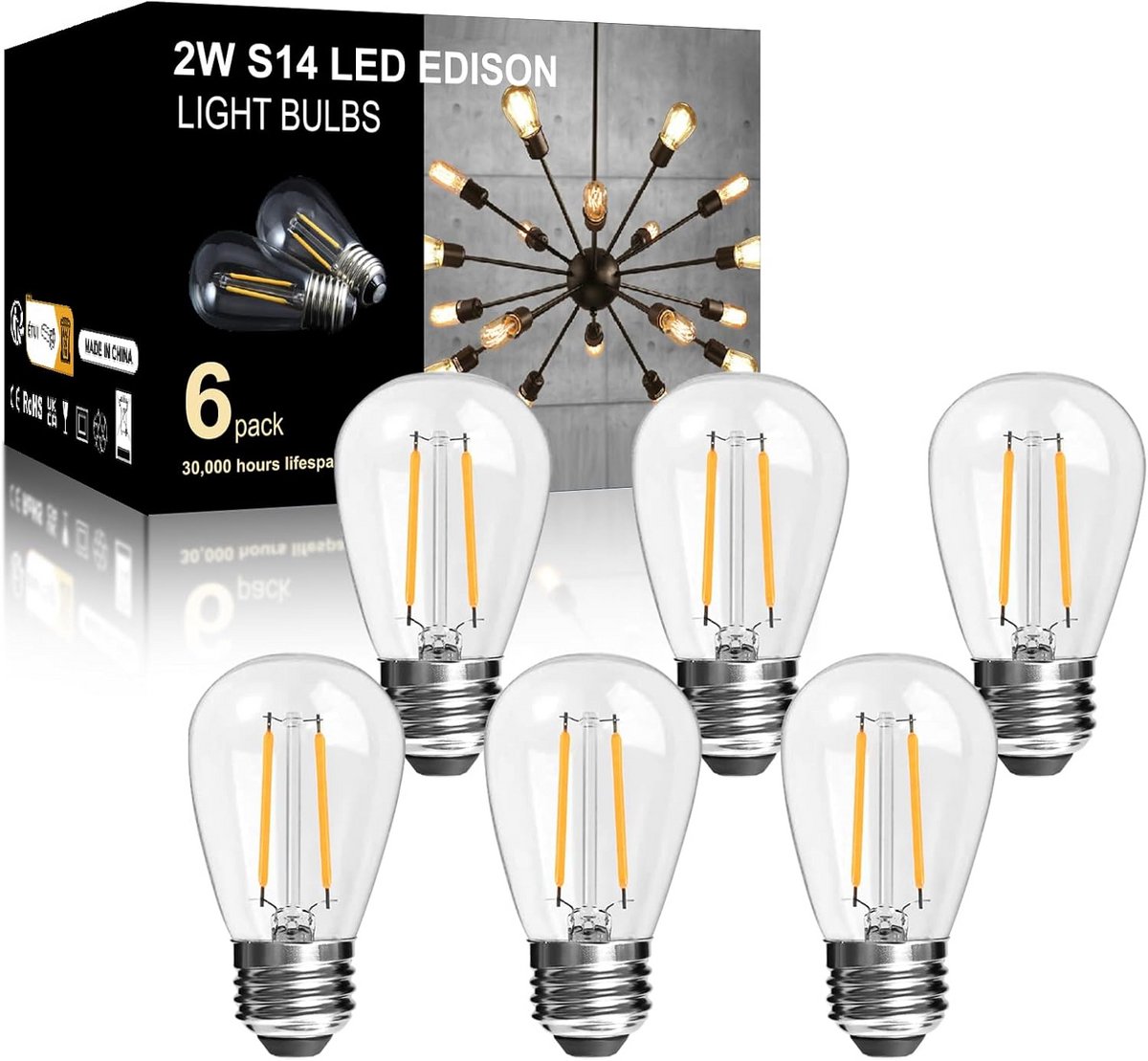 6 Pack Warm White E27 Glass LED Bulbs for Fairy Lights
