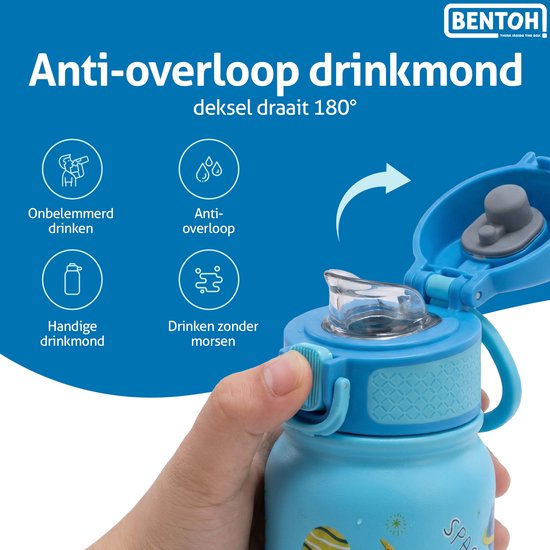 BentOH! RVS Waterfles 350ml voor Kinderen - Ruimte - Anti-overloop & Lekvrij – Met Eén Hand te Openen – BPA-vrij & Vaatwasserbestendig
