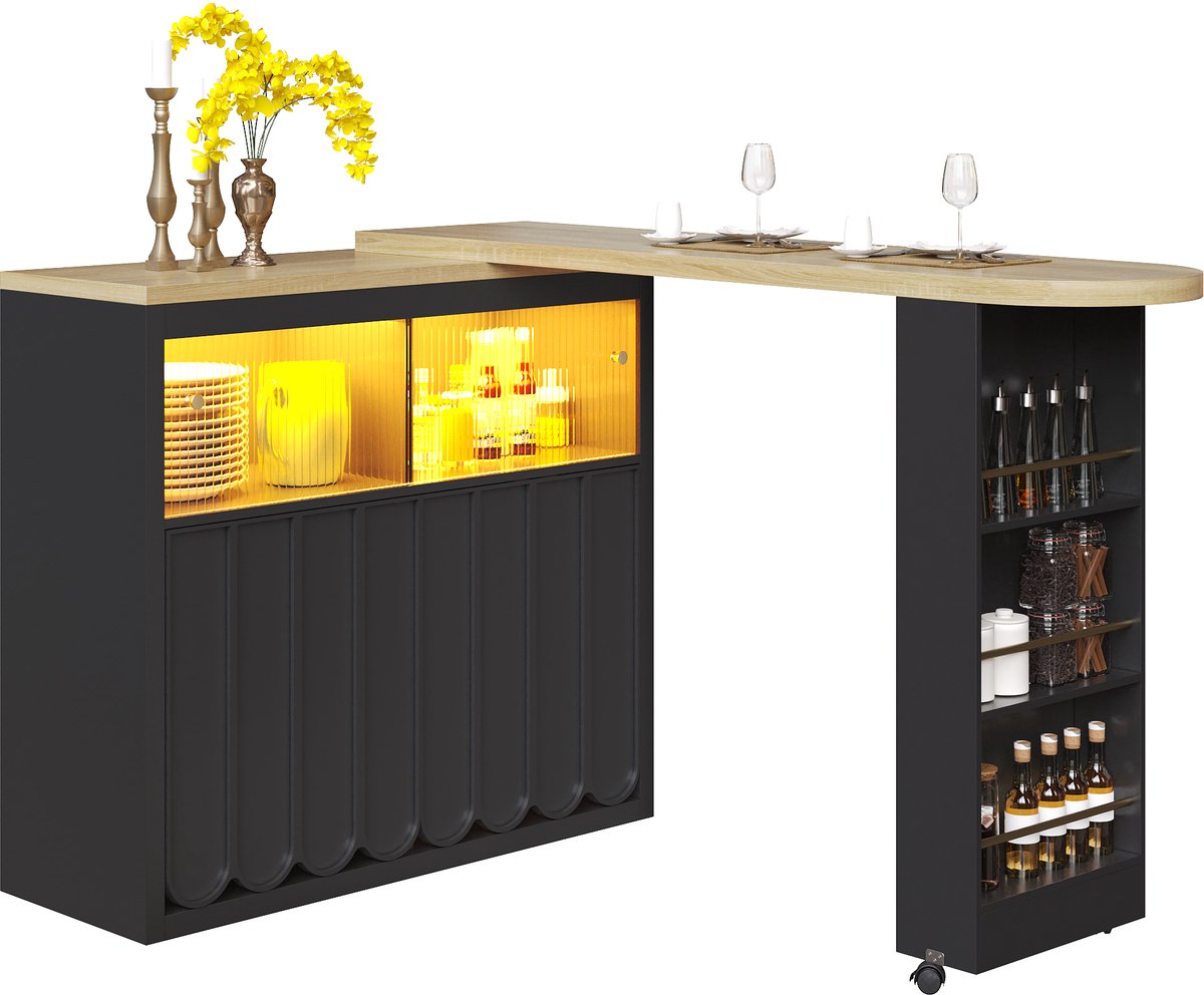 Uitklapbare Bartafel 135-205 cm - Met APP-Gestuurde RGB LED & Muziek - Minimale Glazen Schuifdeuren - Verrijdbaar & Multifunctioneel